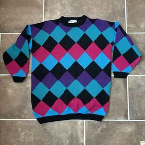 Vintage Sweater Diamond Pattern Pink Purple Teal Made In USA Private Eyes No Sz